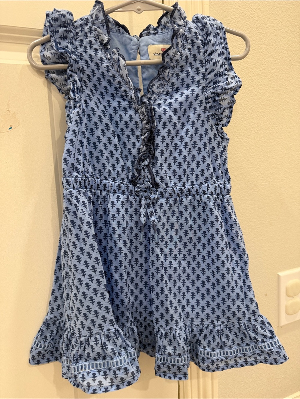 Vineyard Vines Girls' Light Blue Dress with Navy Print and Ruffle Trim